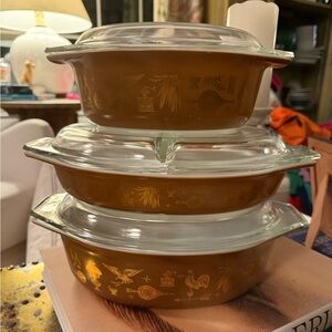 Pyrex Early American Heritage Casserole Gold Set Clear Lids  3 Sets •pristine!